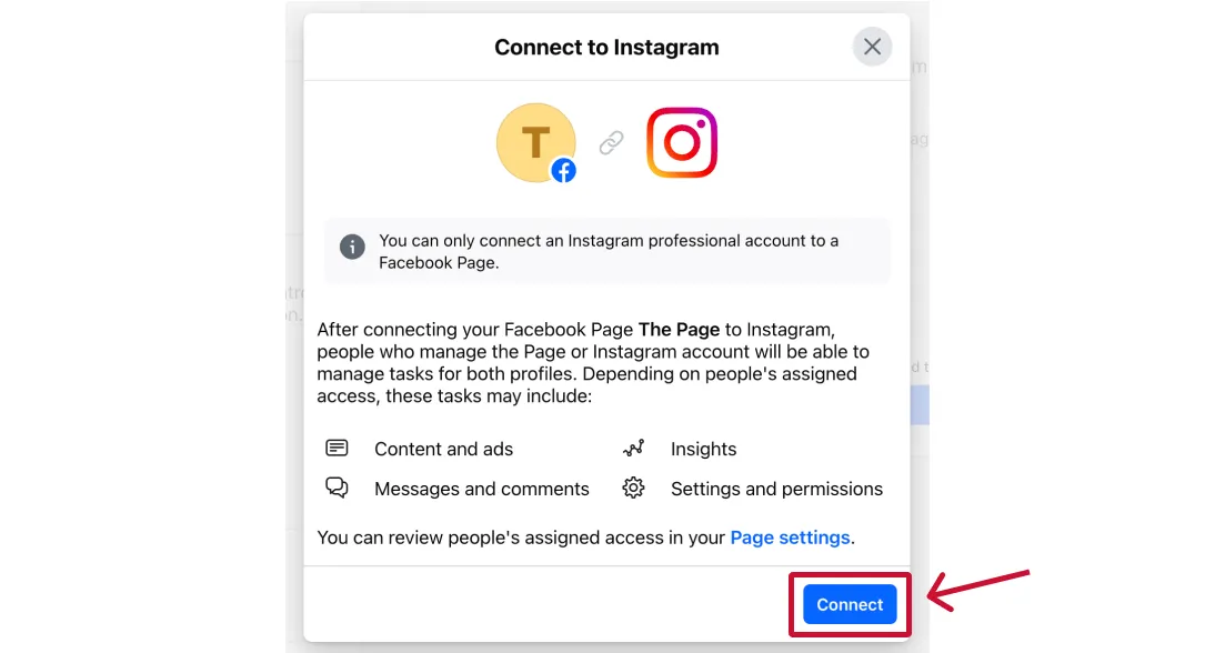 Confirm Instagram connection from Facebook Page
