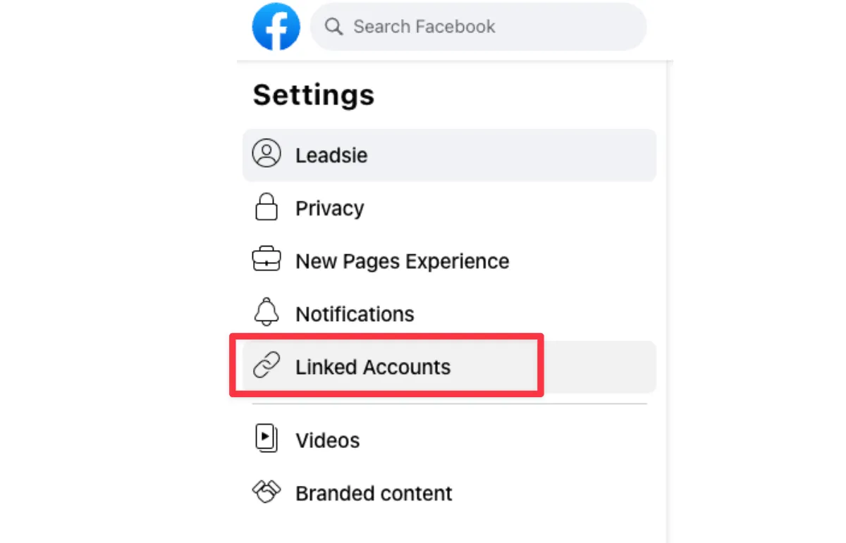 Facebook Page - Linked Accounts menu