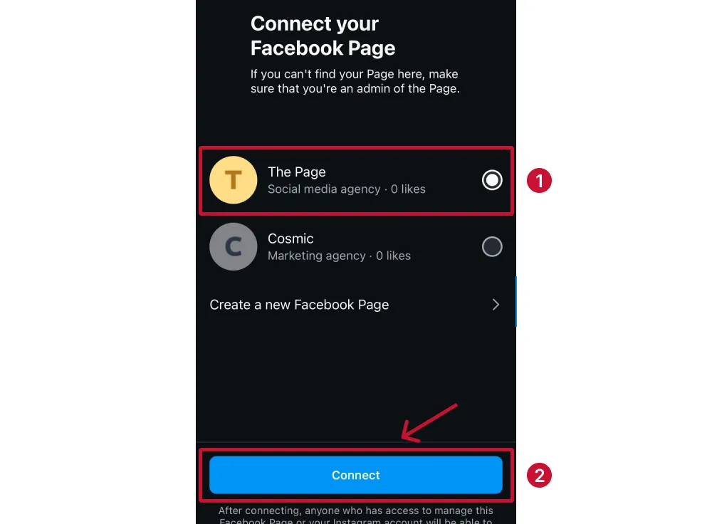 Instagram - choose Facebook Page to connect