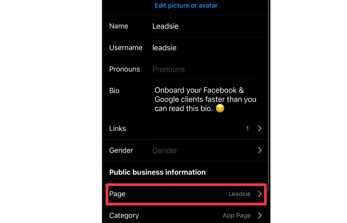 Instagram - link to Facebook Page option